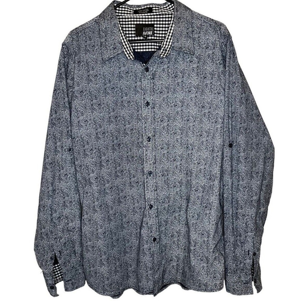 Mens XL Blue White Paisley Button Up Long Sleeve‎ Shirt 100% Cotton Casual